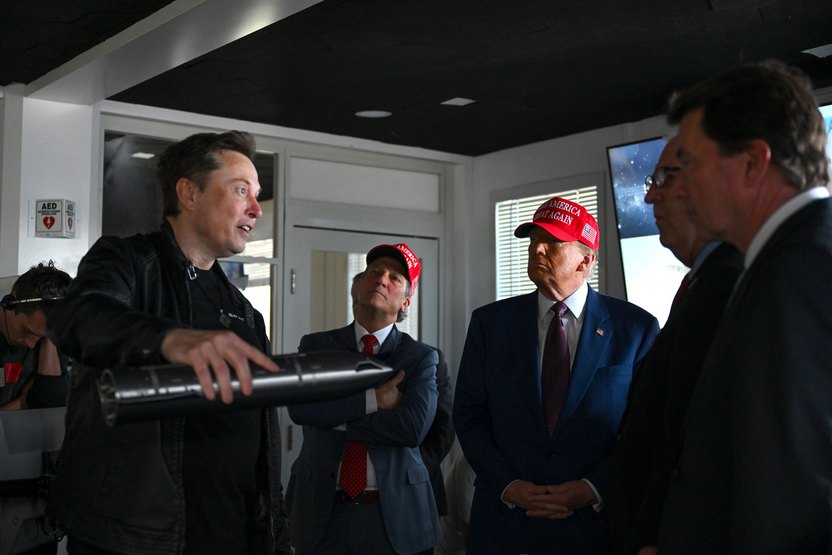 BROWNSVILLE, TEXAS - NOVEMBER 19: Elon Musk gives a tour to U.S. President-elect Donald Trump and lawmakers of the control room before the launch of the sixth test flight of the SpaceX Starship rocket on November 19, 2024 in Brownsville, Texas. SpaceX’s billionaire owner, Elon Musk, a Trump confidante, has been tapped to lead the new Department of Government Efficiency alongside former presidential candidate Vivek Ramaswamy. (Photo by Brandon Bell/Getty Images)